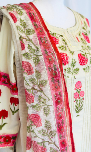 OFF WHITE KURTA SET WITH PRINTED KOTA DORIA DUPATTA