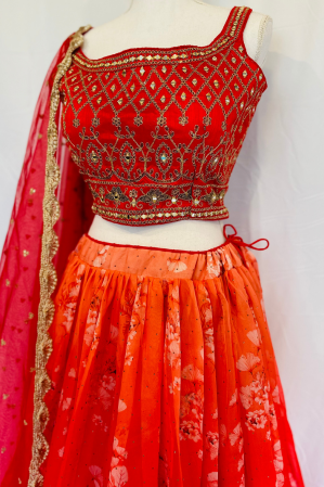 ORANGE EMBROIDERED FLORAL SCOOP LEHENGA SET