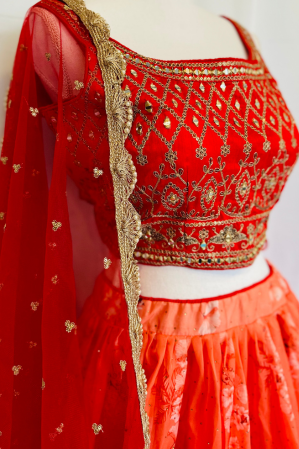 ORANGE EMBROIDERED FLORAL SCOOP LEHENGA SET