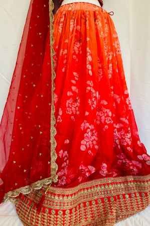 ORANGE EMBROIDERED FLORAL SCOOP LEHENGA SET