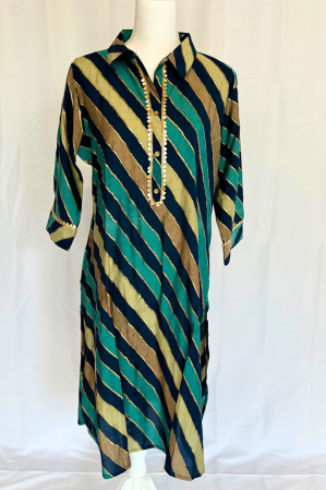 NAVY SHIRT COLLAR MUSLIN PRINTED KURTA