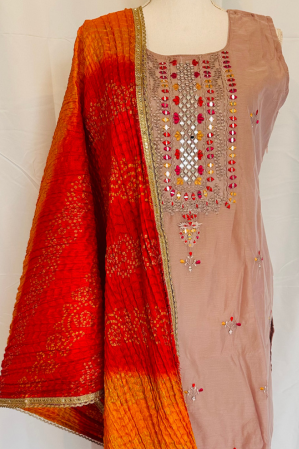 BEIGE SILK EMBROIDERED SUIT SET WITH STRAIGHT PANTS AND BANDINI DUPATTA