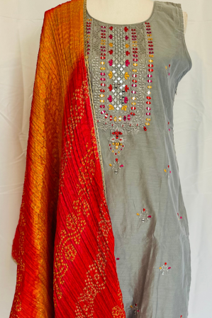 BEIGE SILK EMBROIDERED SUIT SET WITH STRAIGHT PANTS AND BANDINI DUPATTA
