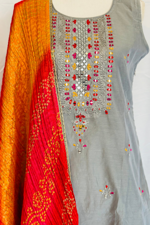BEIGE SILK EMBROIDERED SUIT SET WITH STRAIGHT PANTS AND BANDINI DUPATTA