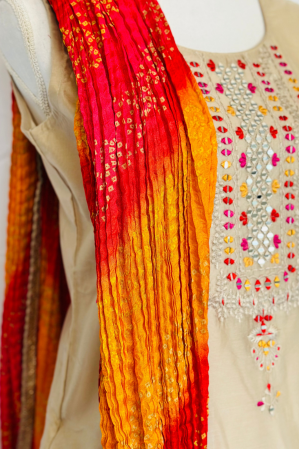 BEIGE SILK EMBROIDERED SUIT SET WITH STRAIGHT PANTS AND BANDINI DUPATTA